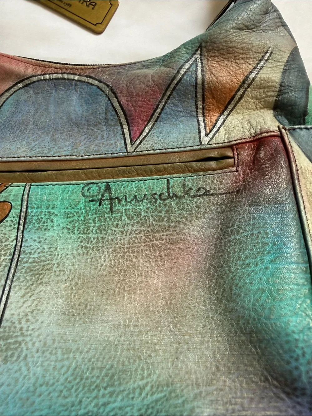Anuschka Hand-Painted Genuine Leather Hobo Bag Abstract Art Shoulder Purse